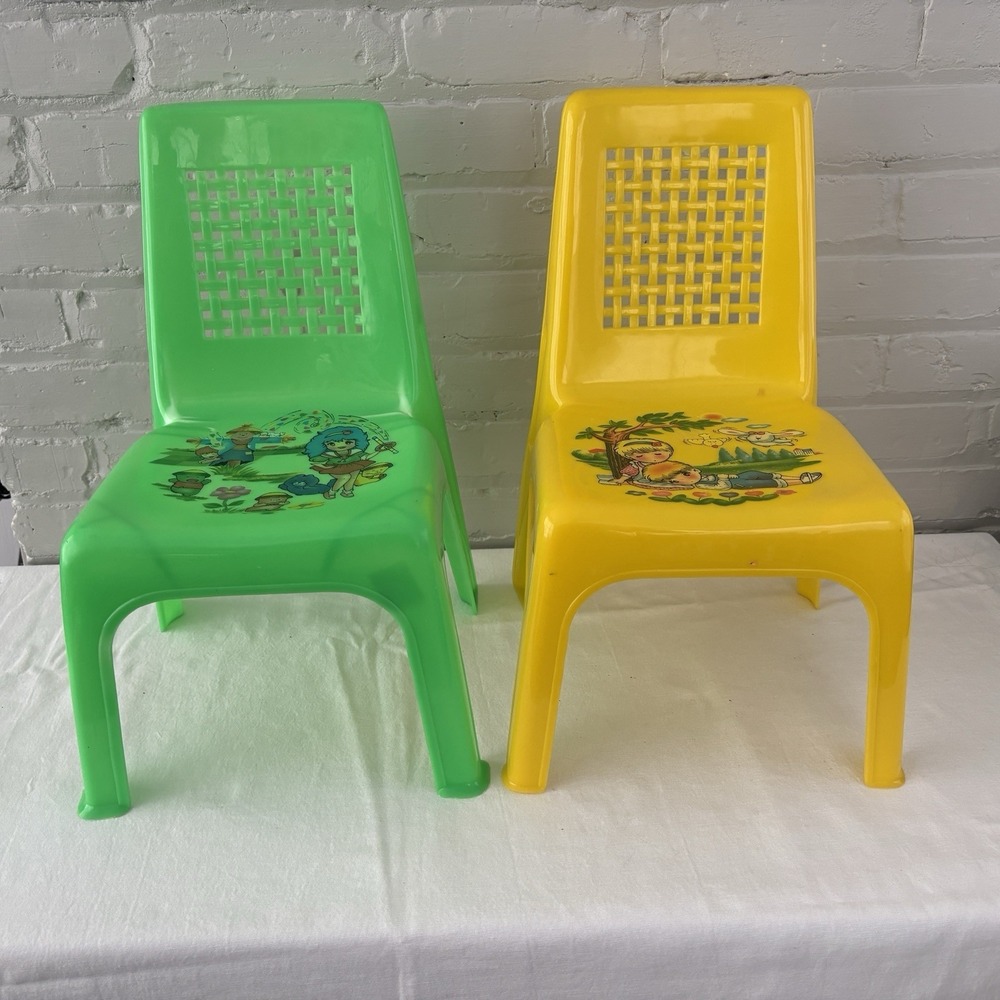 Vintage Harlin Style Plastic Kids Chairs Yellow Green Anime Style Lot Of 2